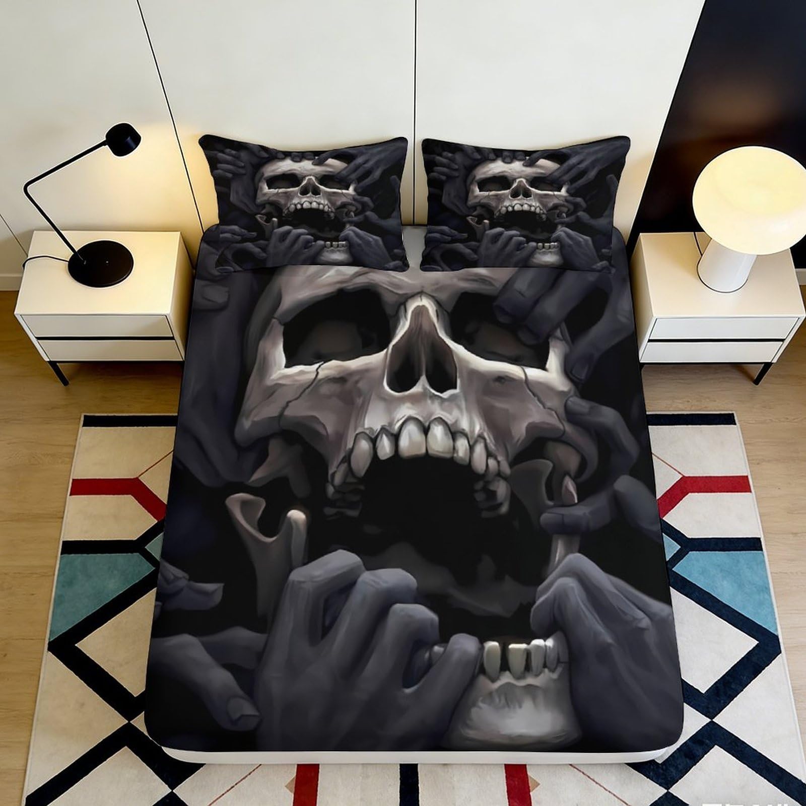 3D Printed Skull Black Fitted Sheet Microfiber Soft Breathable Skeleton Bed Cover for Bedroom Dormitory Guest Room Decoration Mattress Protection 140x200x25cm