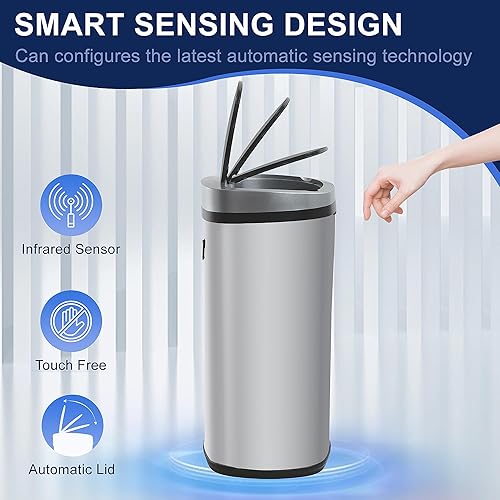 Miniatura 7 de Furniture of America Verbena - Tapa de metal con sensor de movimiento para cocina, 13 galones, color plateado