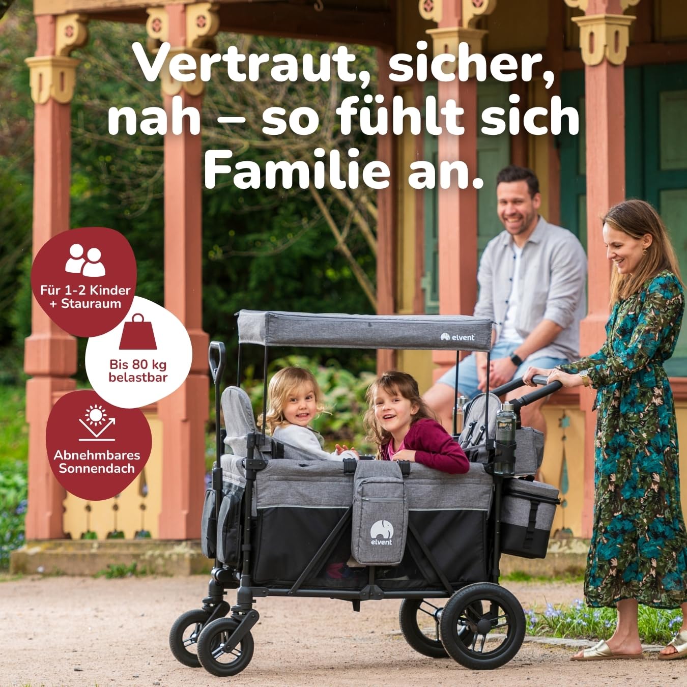 elvent® ComfortPlus 2 Sitzer Bollerwagen - Handwagen faltbar mit Dach I Feststellbremse, PU-Reifen, 5-Punkt-Gurt I für 2 Kinder (grau)
