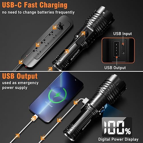 Miniatura 5 de Linterna recargable de 20000 lúmenes altos, luz de flash LED con pantalla LCD XHM77.2 Super brillante Police Potente linterna  5 modos y enfoque