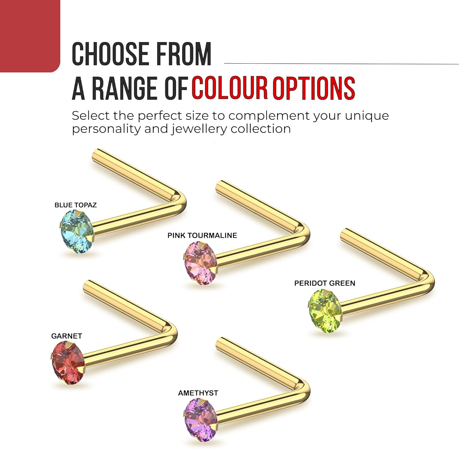Garnet, Peridot, Amethyst, Blue Topaz Natural Gemstone 9K Solid Yellow Gold 22 Gauge L Shape Nose Pin - L Bend Nose Stud - Tiny Nose Ring - Gold Nose Piercing Body Jewelry