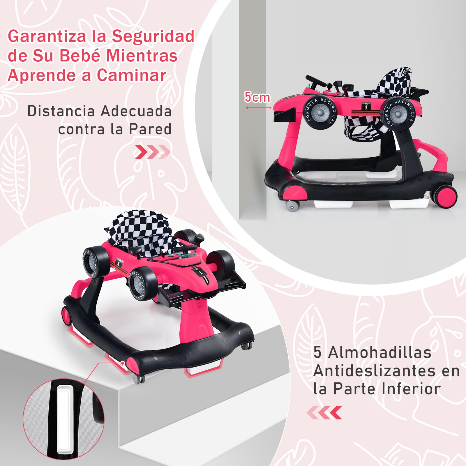 COSTWAY 4 en 1 Andador Bebes, Tacata Bebe Plegable con Altura y Velocidad Regulables, Carillón con Luces, Volante y Asiento con Cojín, Diseño Antivuelco, Caminador para Bebe de 6-18 Meses - 4