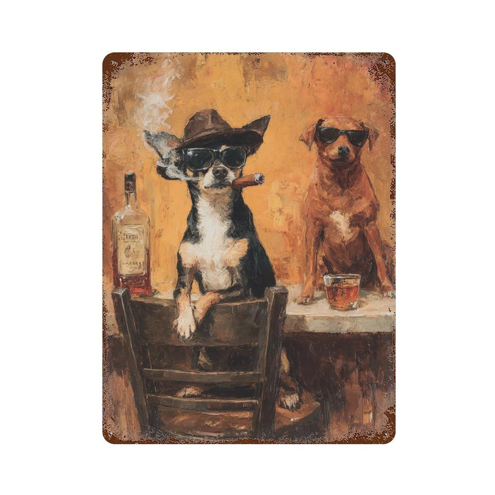 Chill Dogs with Cigars Painting Aged Metal Wall Plaque 15.7"x11.8", for Office, Studio And Wall Decor, Novelty Wall Decor