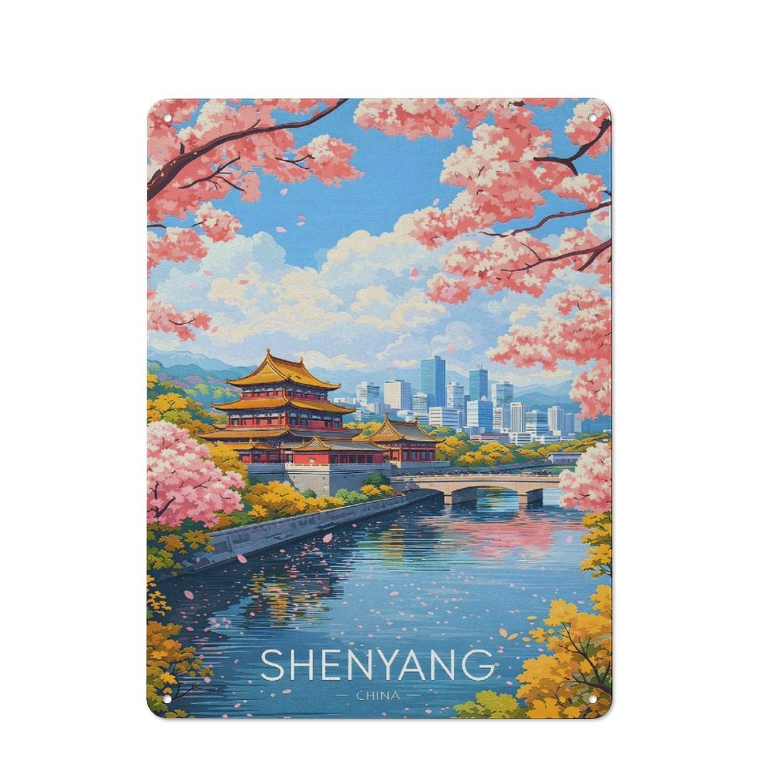 Junmoney Style-12 Tin Wall Plaque 40X30cm With Shenyang Cityscape With Cherry Blossoms For Hobby Room Or Studio, For Themed Interiors In Hobby Rooms And Studios