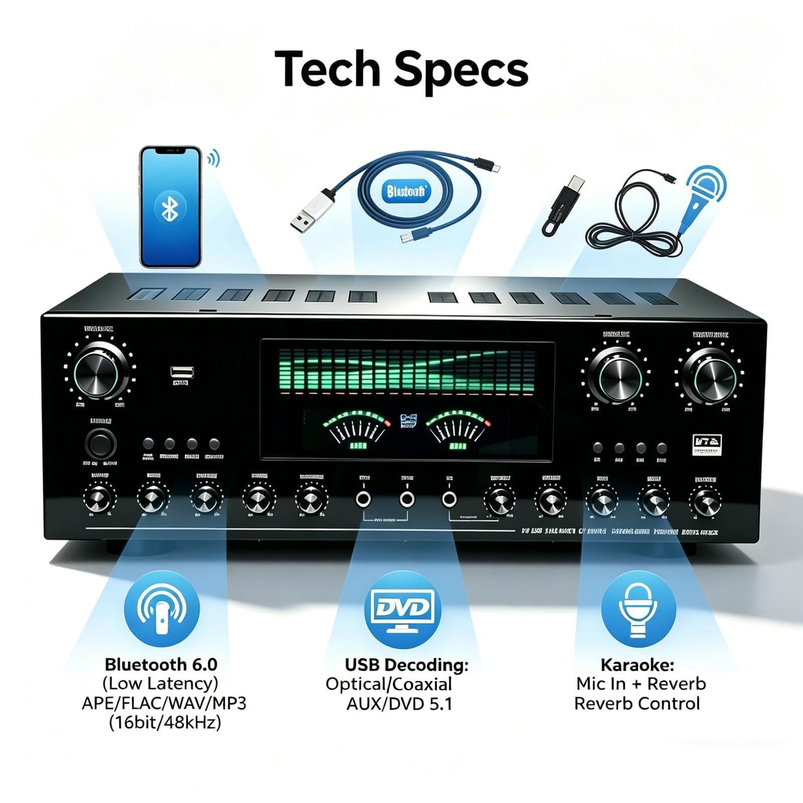Récepteur stéréo d'amplificateur Audio Domestique 1800 W 7.1 canaux, amplificateur Bluetooth 6.0, entrée Optique/coaxiale/USB, entrées Micro, karaoké, for Haut-parleurs de cinéma Maison(A)