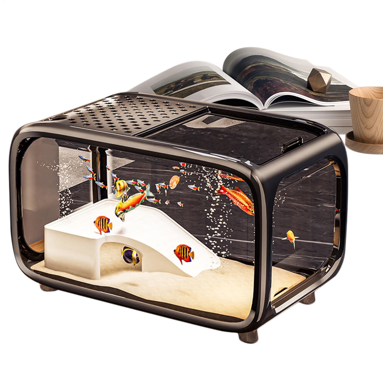 Acuario Pecera De Escritorio Para Tortugas Con Decoración De Escala | Recipiente De Paisaje Acrílico Transparente Con Orificio Para Alimentación Para Animales Acuáticos Como Betta