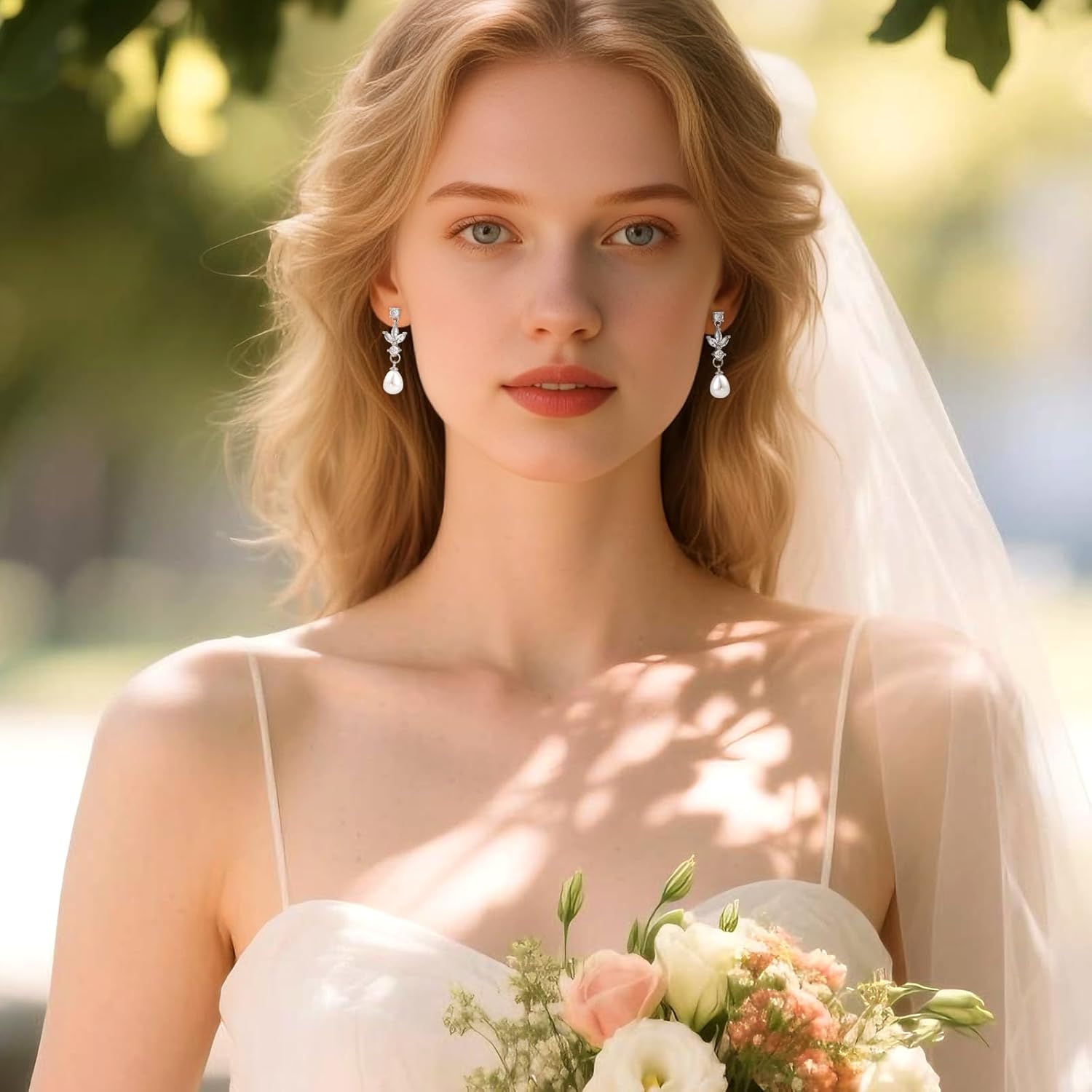 Silver Pearl Dangle Earrings for Women with Leaf Shaped Cubic Zirconia Drop Teardrop Pearl Statement Earrings for Wedding Brides - Image 4