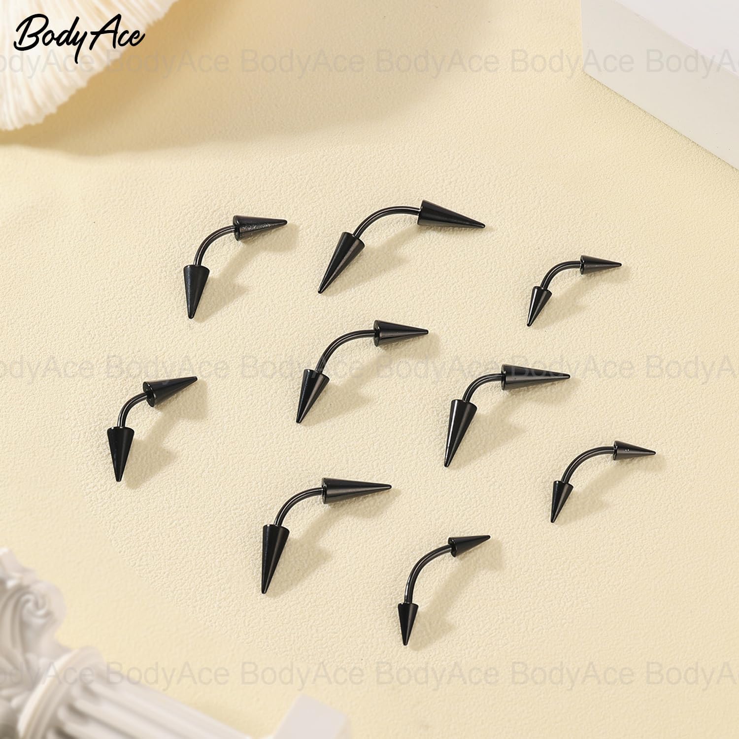 16G Spike Eyebrow Piercing Jewelry, Curved Barbell Eyebrow Tragus Lip Rings with Balls, Black Spike Earrings Rook Nose Bridge Ring for Women Men