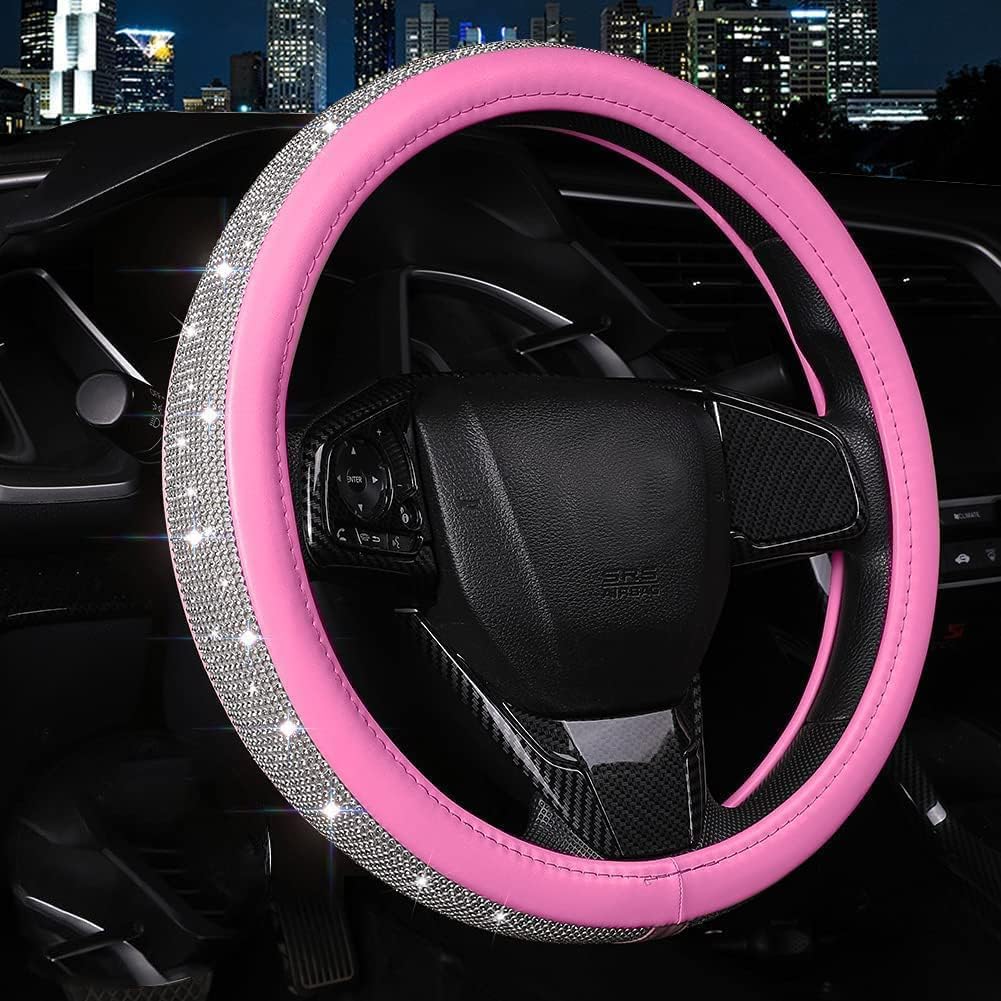 Bling Diamond Leather Steering Wheel Cover for Women Girls with Crystal Rhinestones, Universal Fit 14.5-15 Inch Car Steering Wheel Cover Accessories