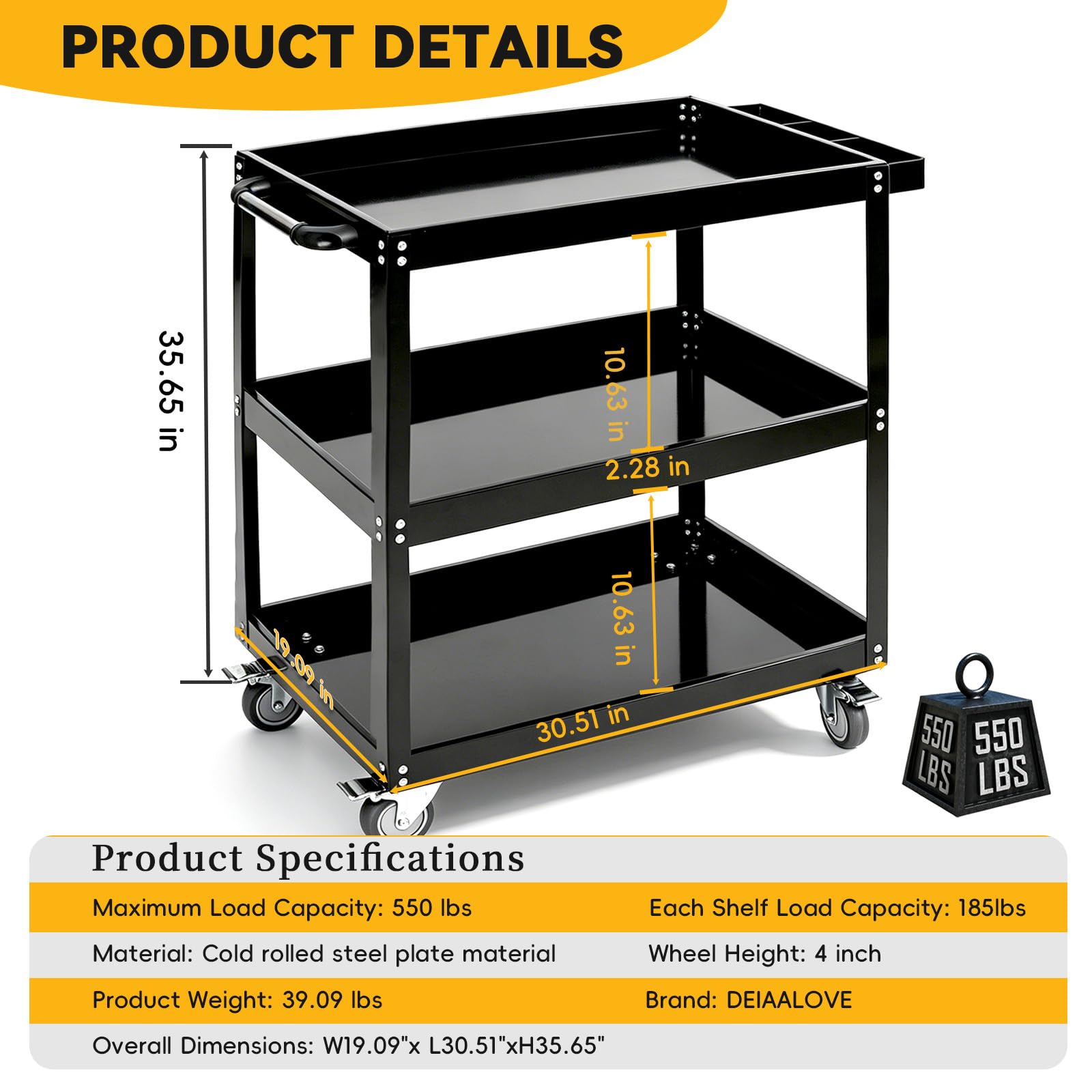 Carrello portautensili a 3 livelli extra-large per carichi pesanti, 217,7 kg, con ruote girevoli (77,5 x 48,5 x 88 cm), telaio in acciaio ispessito, carrello di servizio industriale per magazzini