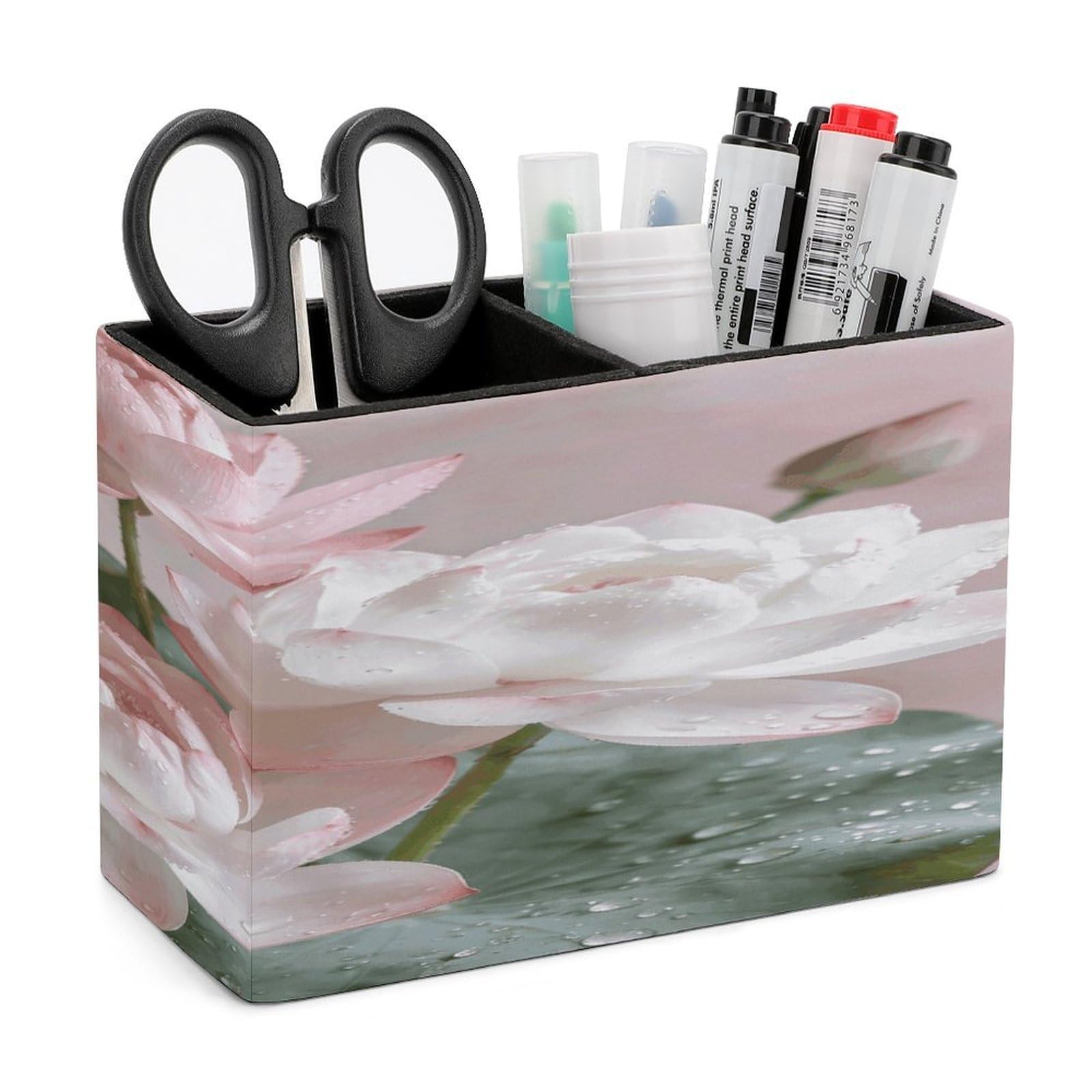 LZQPOEAS Lotus Floral Pen Holder Double Compartments Pen Cup Makeup Brush Holders Leather Pencil Holder Locker Organizer for Work Locker Accessories Modern Pencil Cup for Desk