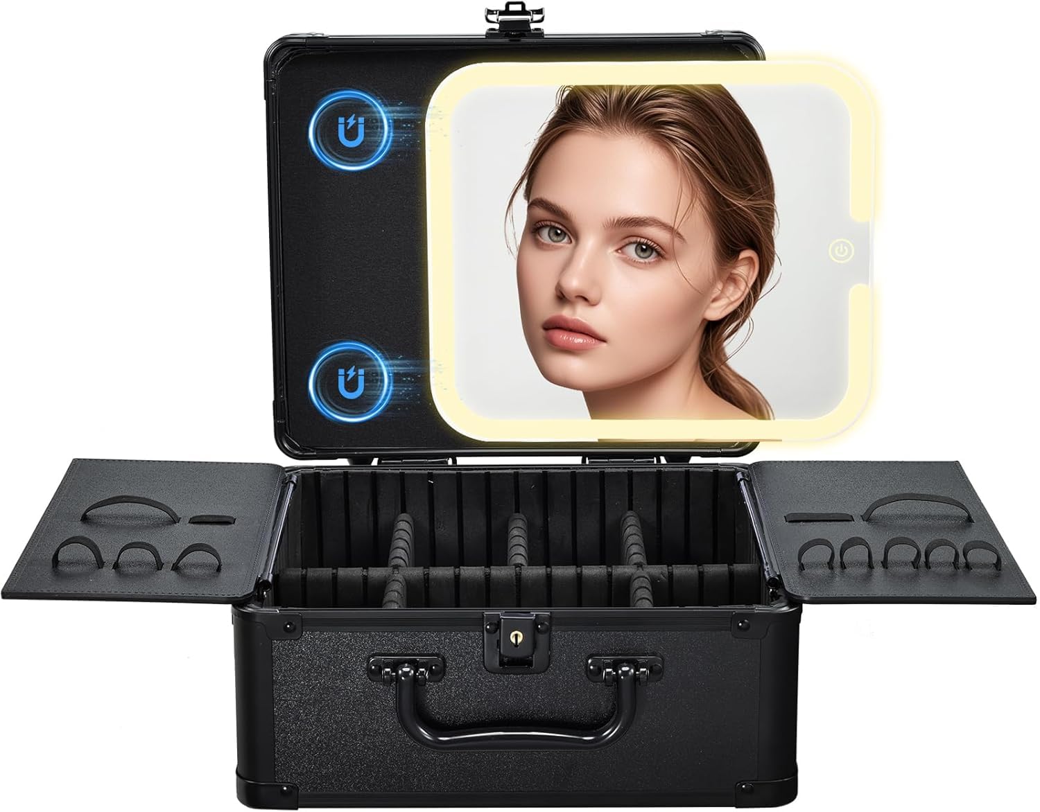 Valigetta Trucchi Professionale con Specchio LED Magnetico Illuminato a 3 Colori Beauty Case Portatile Nero con Serratura Scomparti e Portapennelli Ideale anche come Valigia per Trucchi, Nero
