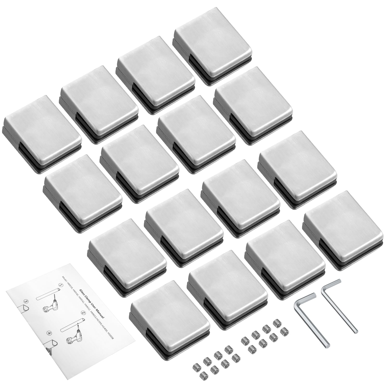 Proster 16 PCS Pinces à Verre Taille M (8–9 mm) en Acier Inoxydable 304 – Dos Plat, Finition Brossée, Fixation Antirouille avec Vis de Serrage pour Balustrade, Garde-Corps, Escalier et Main Courante