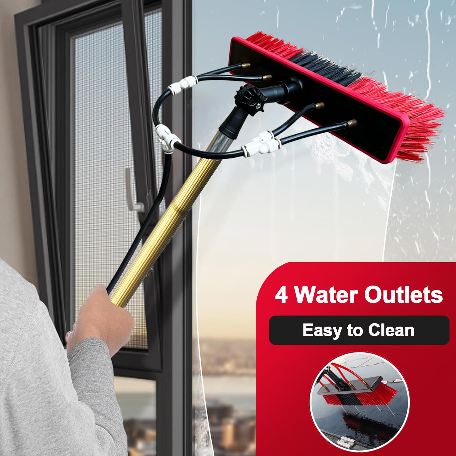 Genérico Cepillo para Ventanas de 13,6 Metros, Kit para Techo de Invernadero, Panel Solar con dispensador de jabón y Manguera de Agua de 20 m, Poste de Aluminio de 55 cm.