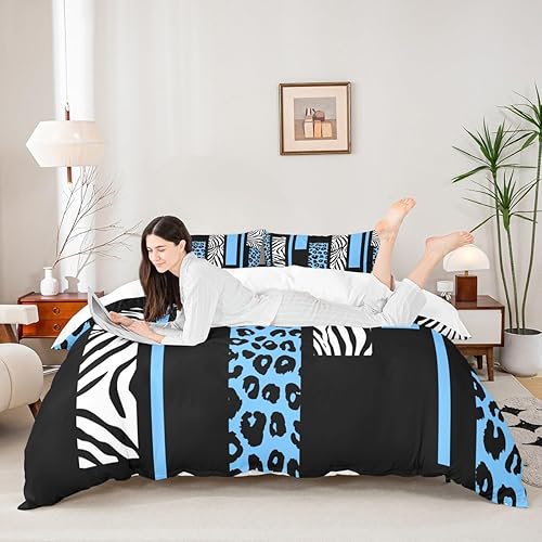 Miniatura 9 de Juego de funda de edredón con estampado de leopardo, tamaño Queen, juego de ropa de cama de retazos geométricos de piel de cebra y guepardo,