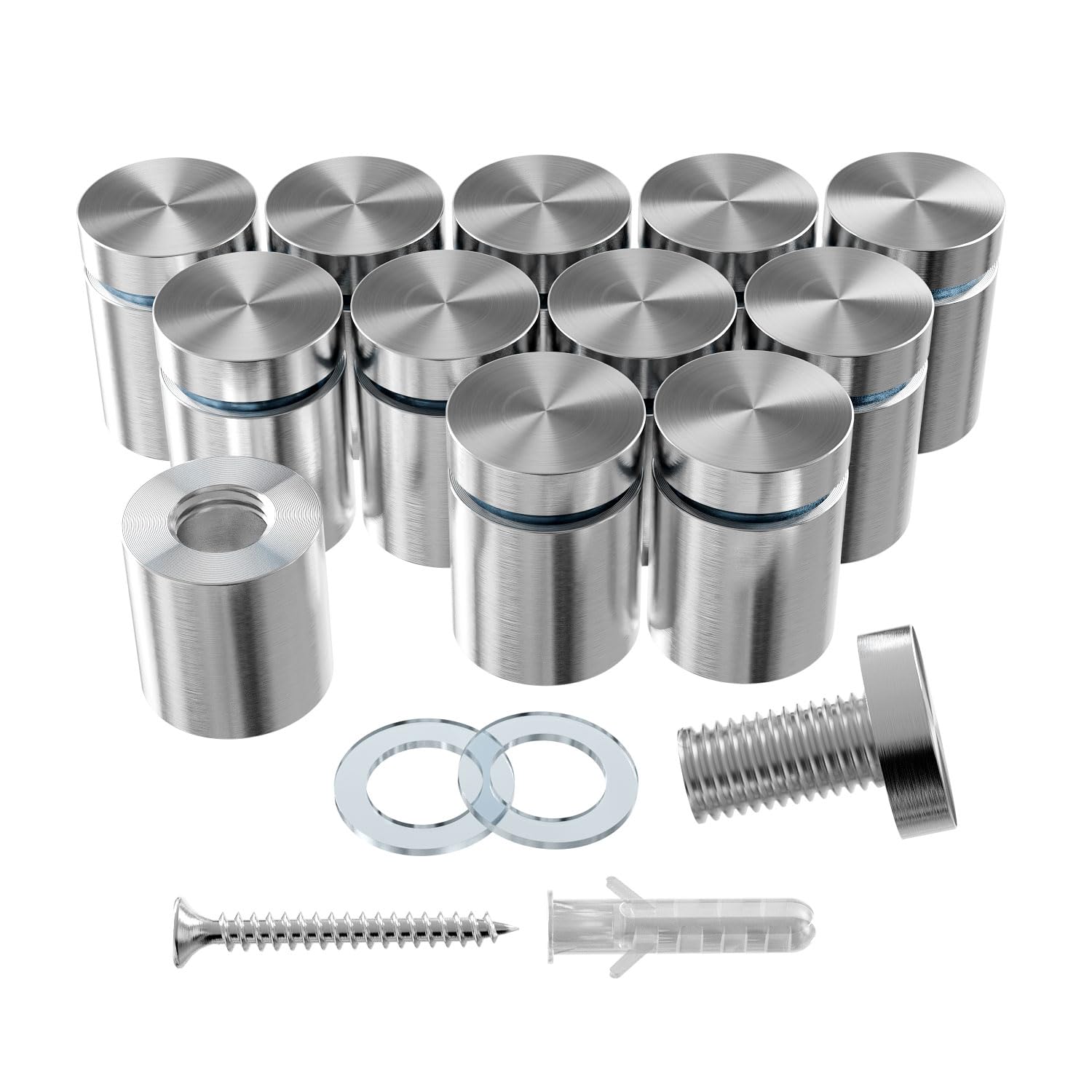 12-Pack Stainless Steel Standoff Screws with Wall Anchors & Rubber Pads – Sign Mounting Hardware for Acrylic Signs, Photo Frames, Advertising Boards, Silver (3/4" x 1" / 19mm x 25mm)