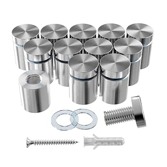 12-Pack Stainless Steel Standoff Screws with Wall Anchors & Rubber Pads Sign Mounting Hardware for Acrylic Signs, Photo Frames, Advertising Boards, Silver 3/4" x 1" / 19mm x 25mm