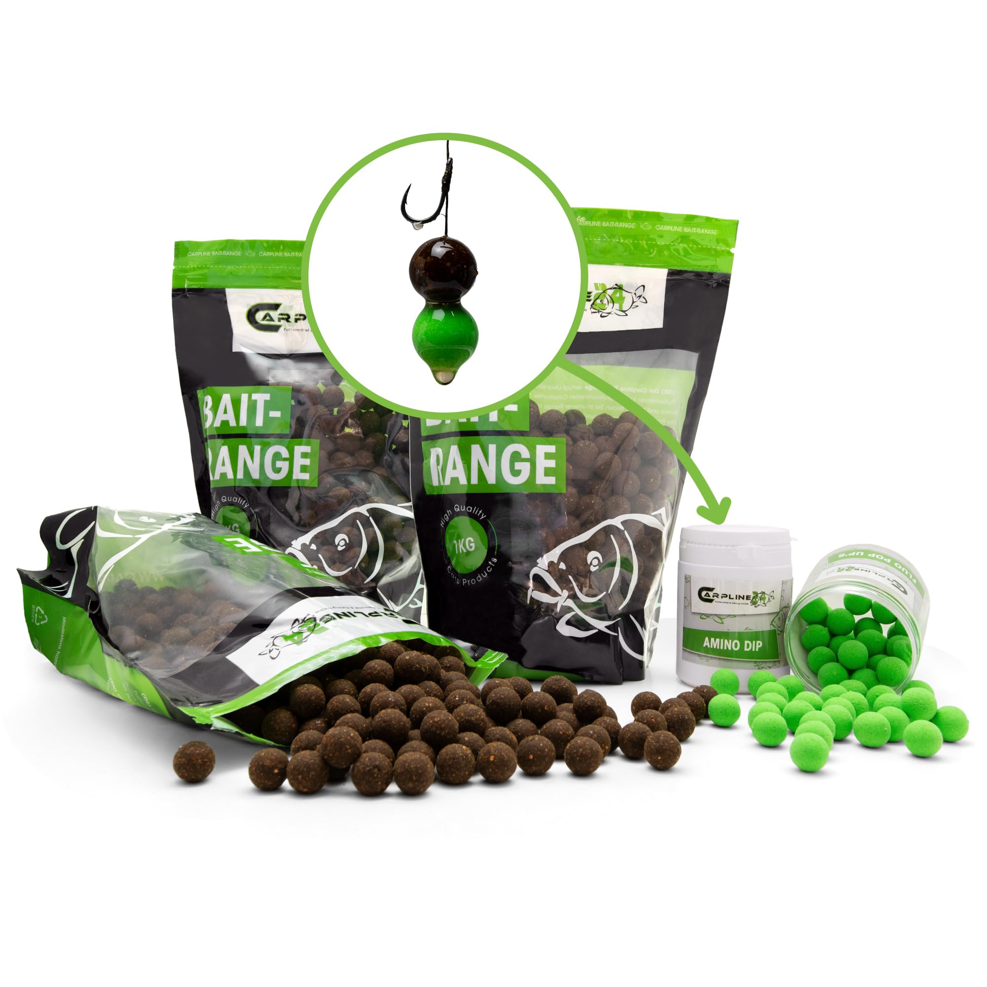 Halibut Thunfisch Boilie Bundle - 3 kg - 16 mm - mit Pop Up Boilies und Amino Dip, Carp Baits, Karpfenköder zum Angeln, Set Futterboilies zum Anfüttern von Karpfen, Angelfutter Lockstoff