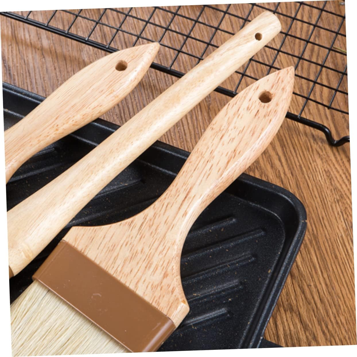 Outanaya 4Pcs Food Grade Wood Handle Basting Oil Brush Small Medium Large Round Wool Brush for Baking Grilling and Cooking Heat Resistant Kitchen Utensils