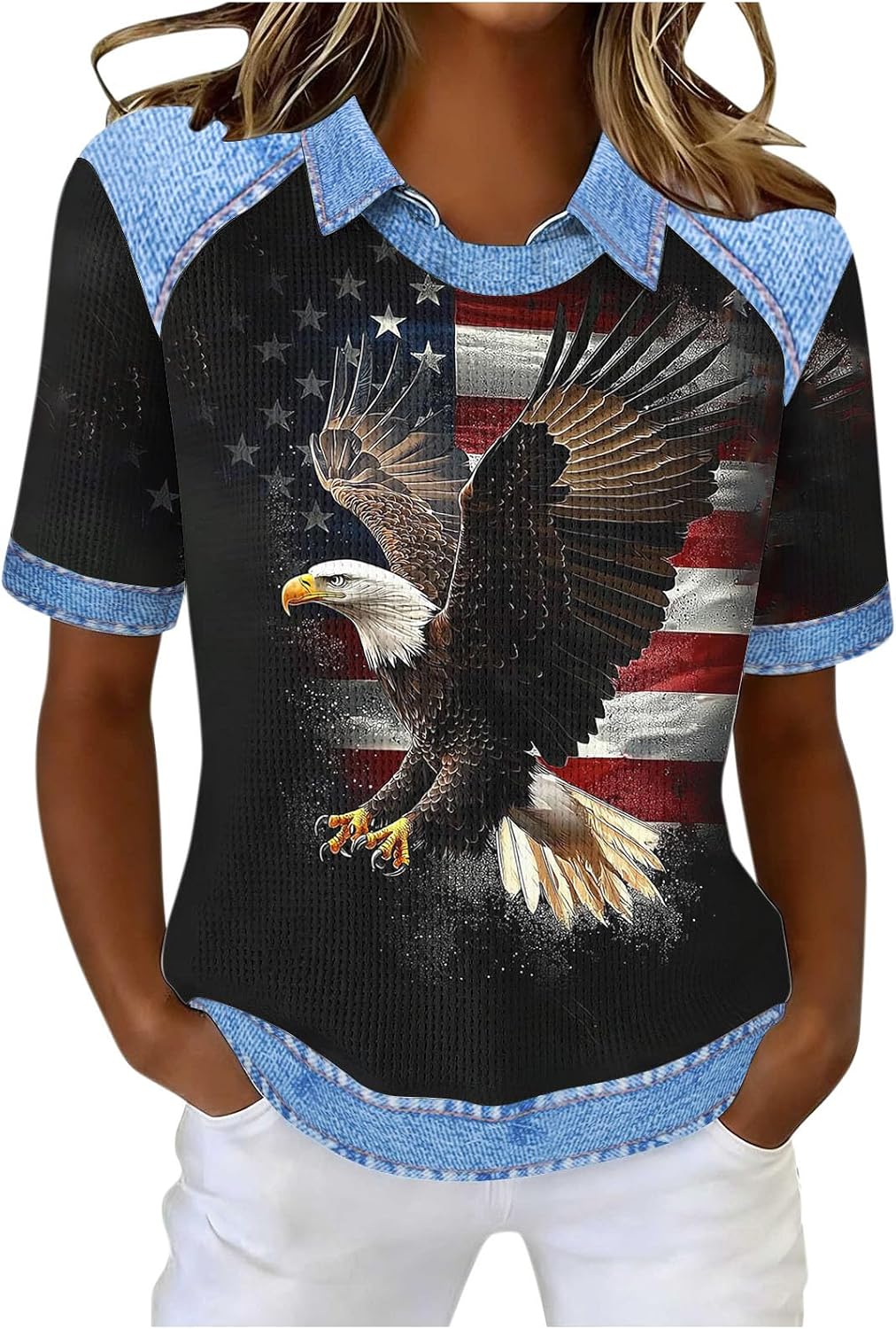 Henley Shirts for Women V Neck Button Short Sleeve Flag Graphic Tops Casual BOH Tees Independence Day Shirt