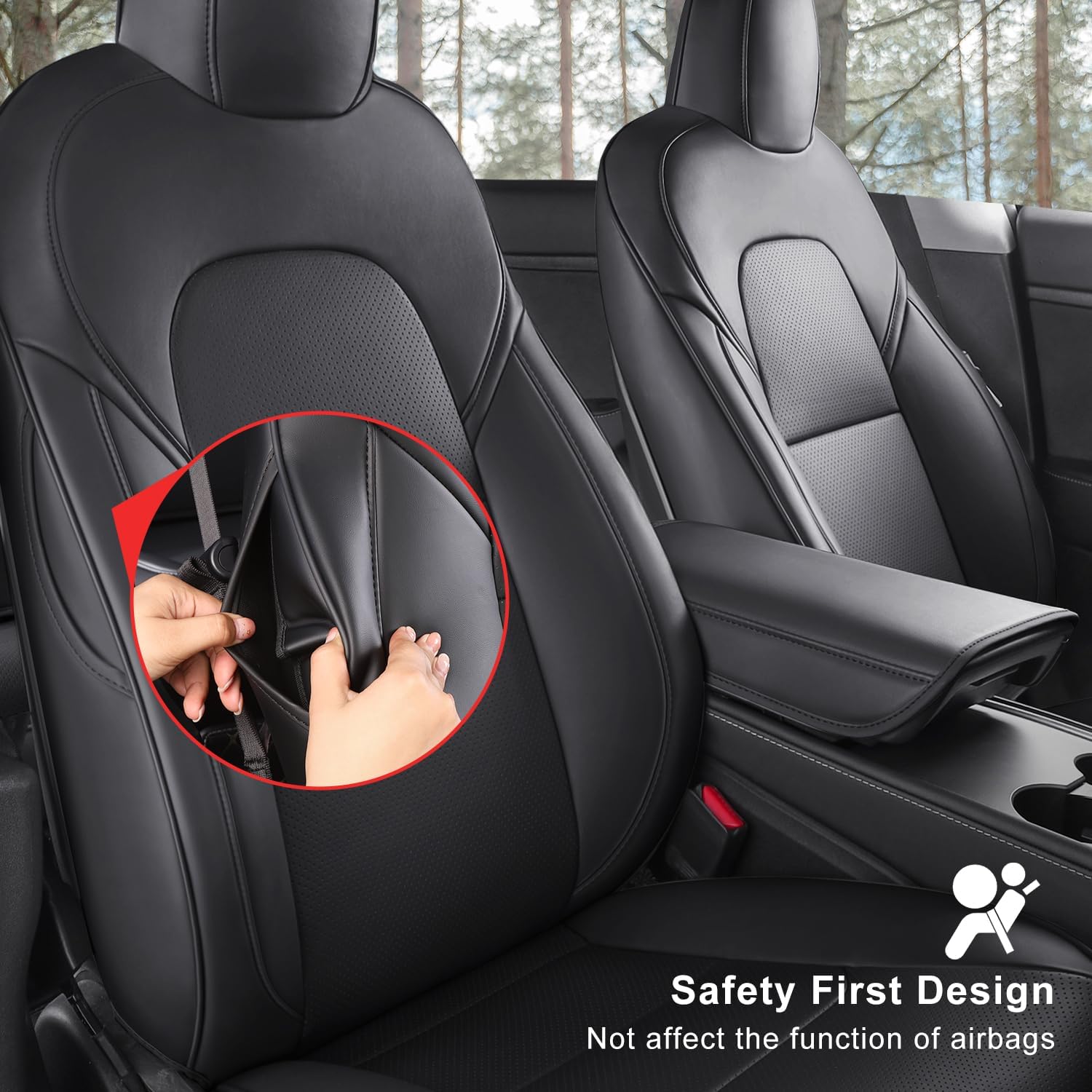Tesla Model Y Car Seat Covers Nappa Leather Car Interior Seat Airbag Compatible Cushion Cover Full Set Custom Fit 2024 2023 2022 2021 2020, Nappa Black