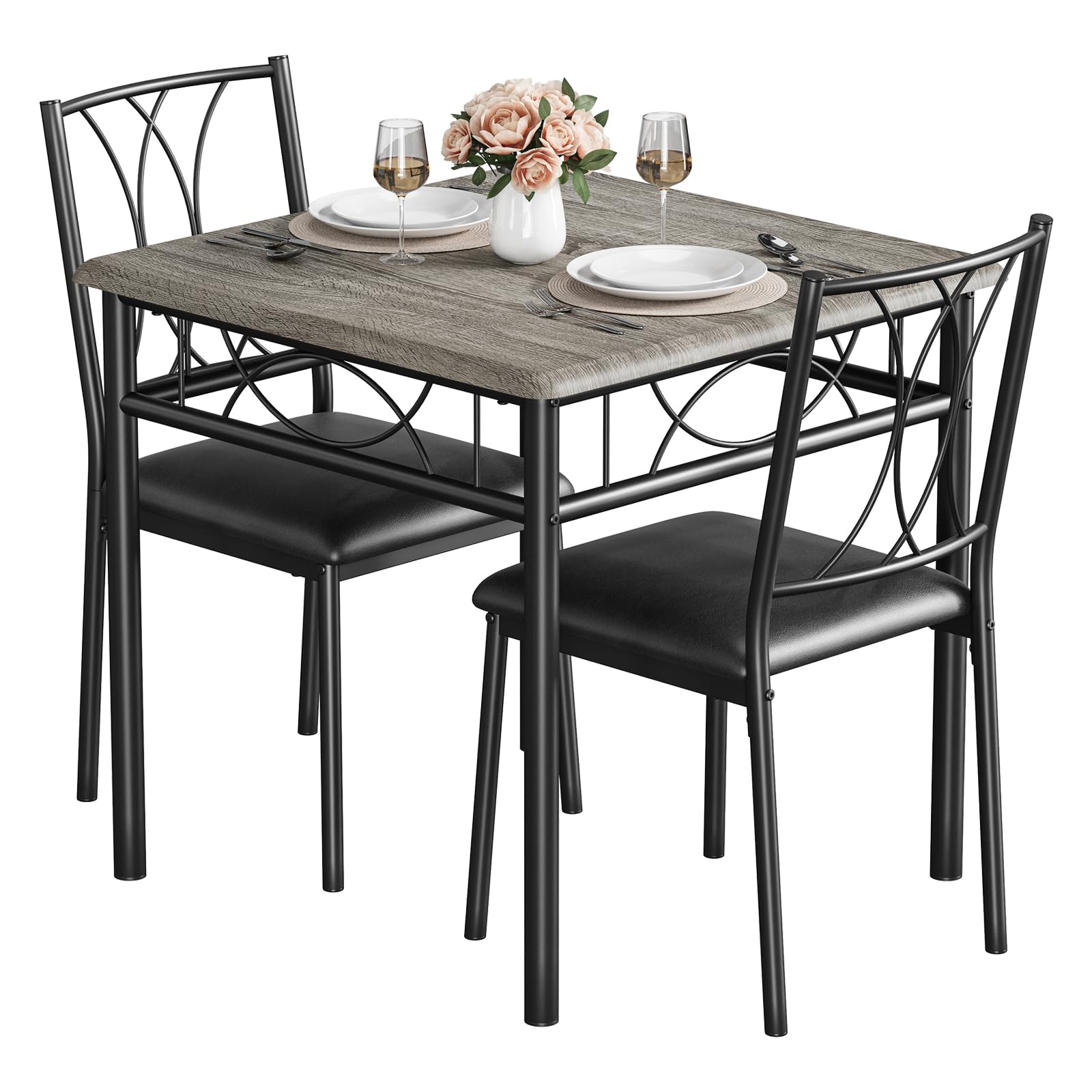 Set tavolo da pranzo 3 pezzi per 2 persone - Tavolo quadrato salvaspazio - Struttura in legno e metallo - Ideale per cucina o sala da pranzo di piccoli spazi e monolocali - Stile rustico