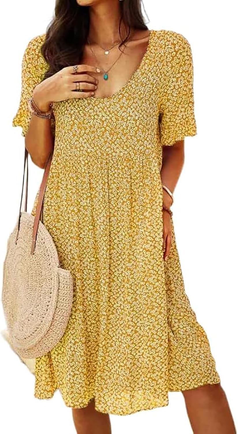 Yellow L Summer Dresses for Women 2025 Boho Ditsy Floral A Line Flowy Midi Sundress Short Sleeve Scoop Neck Casual Loose Short Dresses