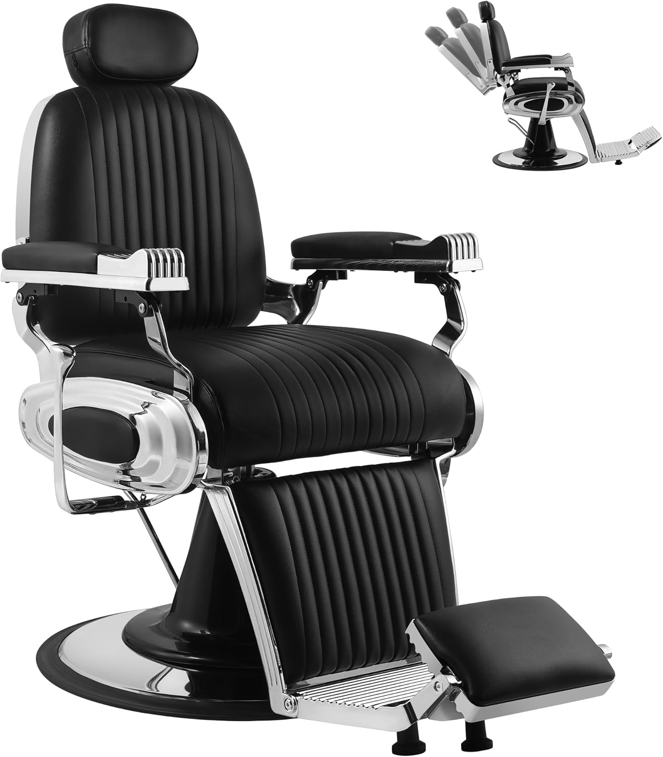 Barber Salon Chair Reclining, Vintage Hair Stylist Chair, 360° Swivel Adjustable Salon Chair with Heavy Duty Hydraulic Pump for Hair Styling Home Barbershop, Black Silver