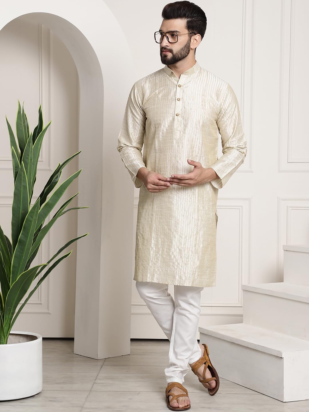 Sojanya (Since 1958 Men's Silk Blend Cream Pintex Kurta And White Churidar Pyjama Set