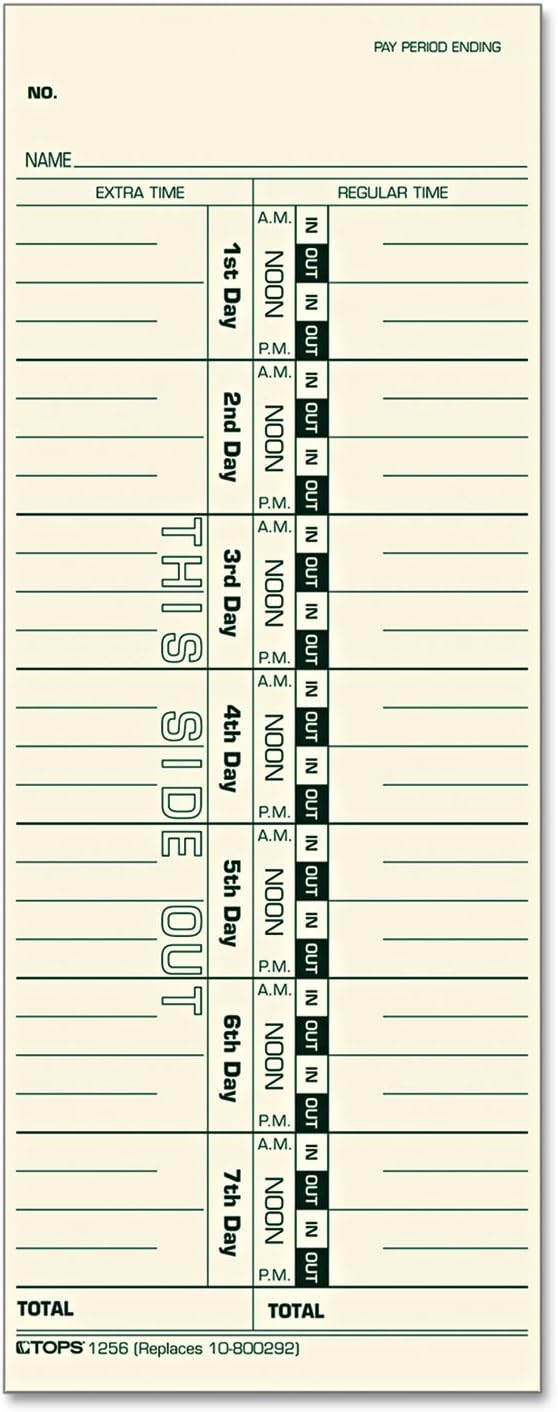 TOPS Time Cards, Weekly, 1-Sided, Numbered Days, 3-1/2" x 9", Manila, Green Print, 500-Count (1256)