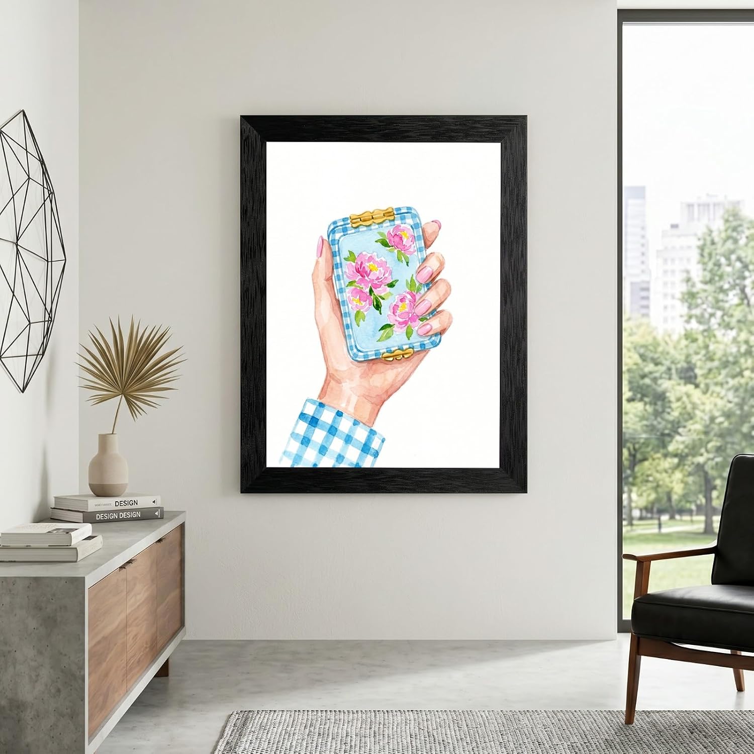 Framed Canvas Wall Art Watercolor Vintage Compact Mirror and Hand Soft Pink Floral Design Canvas Print Poster Black Frame Wall Decor for Bedroom Vanity Chic Art, Beauty Decor - Inch 8x10 image 4