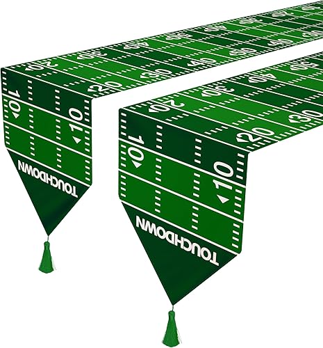 Wehhbtye Paquete de 2 caminos de mesa de fútbol para cocina, camino de mesa de 12 x 71 pulgadas, cancha de fútbol americano con borlas, camino de