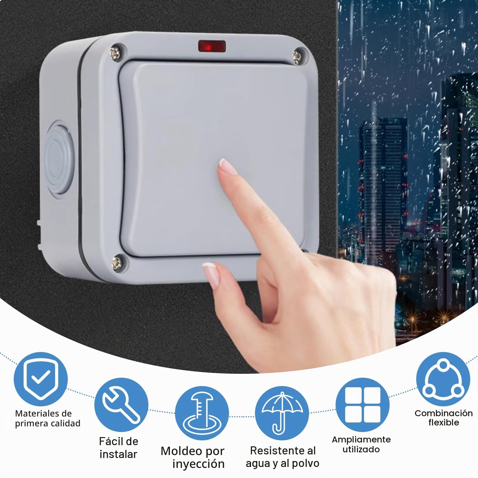 Interruptor de Pared Impermeable IP66 20A Universal Resistente a la Intemperie con Cubierta Antipolvo para Exteriores Jardín Taller