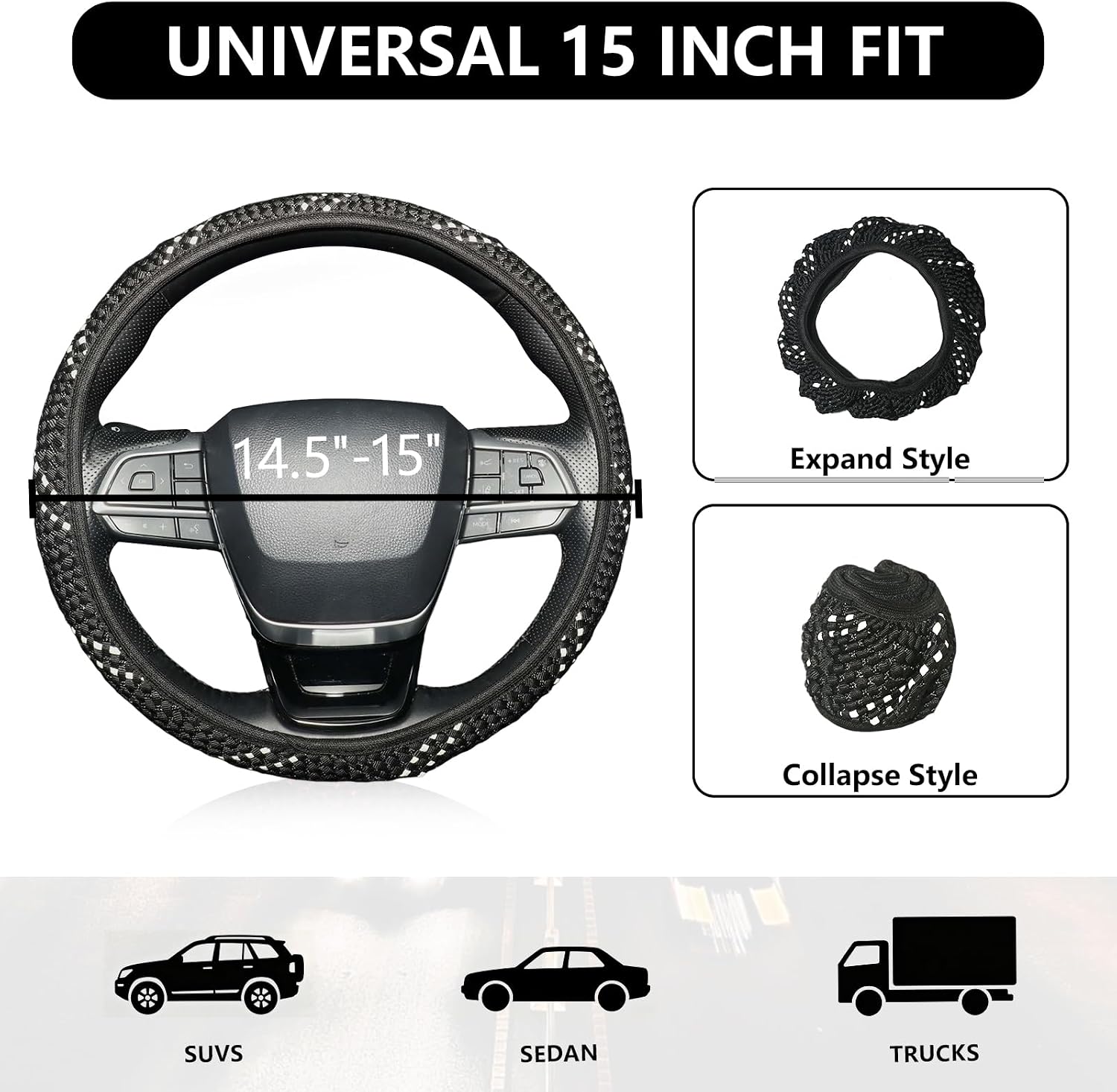 KAFEEK Elastic Stretch Steering Wheel Cover, Universal 15 inch Non-Slip Car Steering Wheel Protector for Women Men, Breathable Mesh Cooling Mesh for Summer Winter, Black White