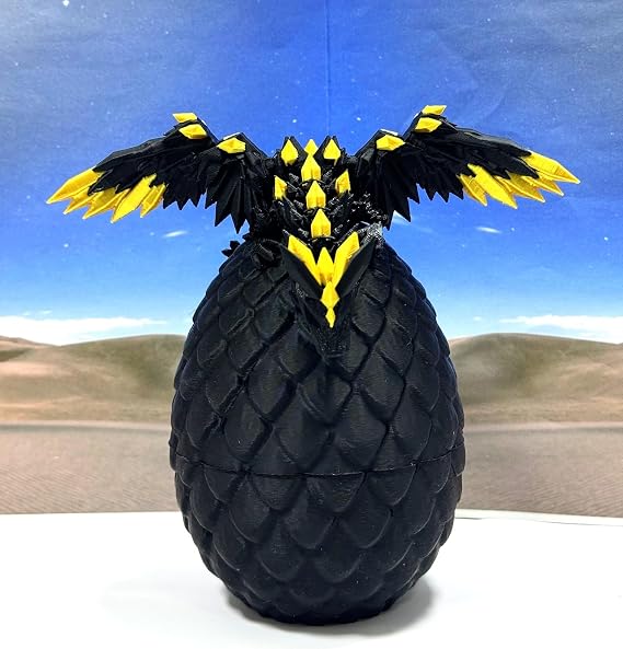 Crystal Winged Dragon with Egg, Articulated Dragon with Wings, 3D Printed Black and Gold Crystal Fidget Stress Relief Toy Fidget ADHD Autism Toy CW004-BE