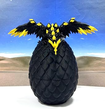 Crystal Winged Dragon with Egg, Articulated Dragon with Wings, 3D Printed Black and Gold Crystal Fidget Stress Relief Toy Fidget ADHD Autism Toy CW004-BE