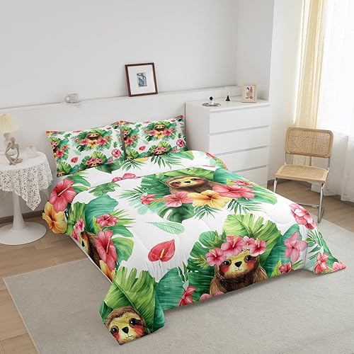 Miniatura 3 de Erosebridal Juego de edredón de perezoso de dibujos animados, ropa de cama Kawaii de perezoso, hoja de palmera, flor de cerezo, monstera, edredón