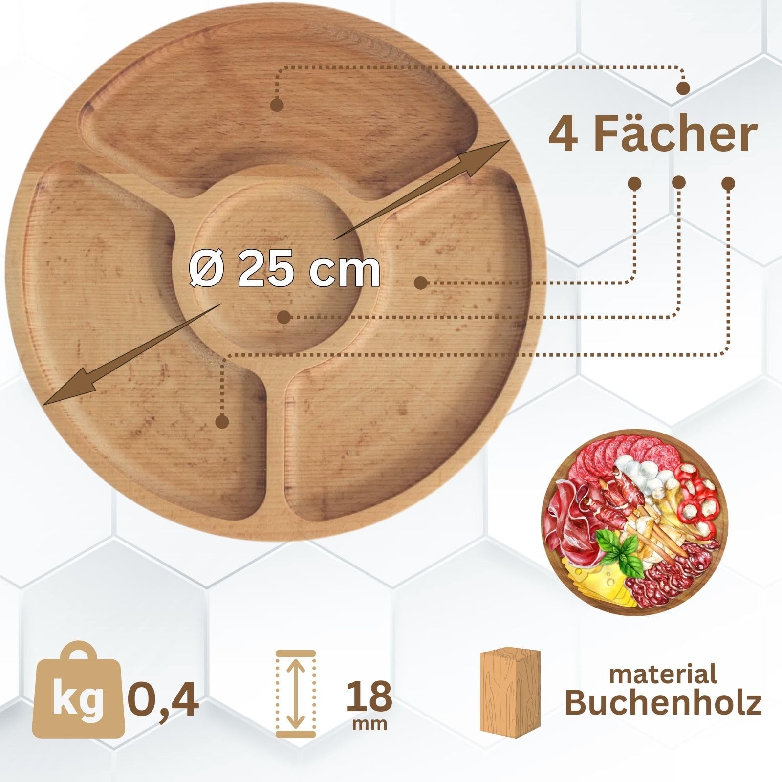 4BIG.fun Piatto da portata 25 cm, in legno naturale con 3 scomparti divisi, piatti da portata di antipasti, formaggi e snack, tagliere in legno per carne e formaggio, tagliere per formaggi