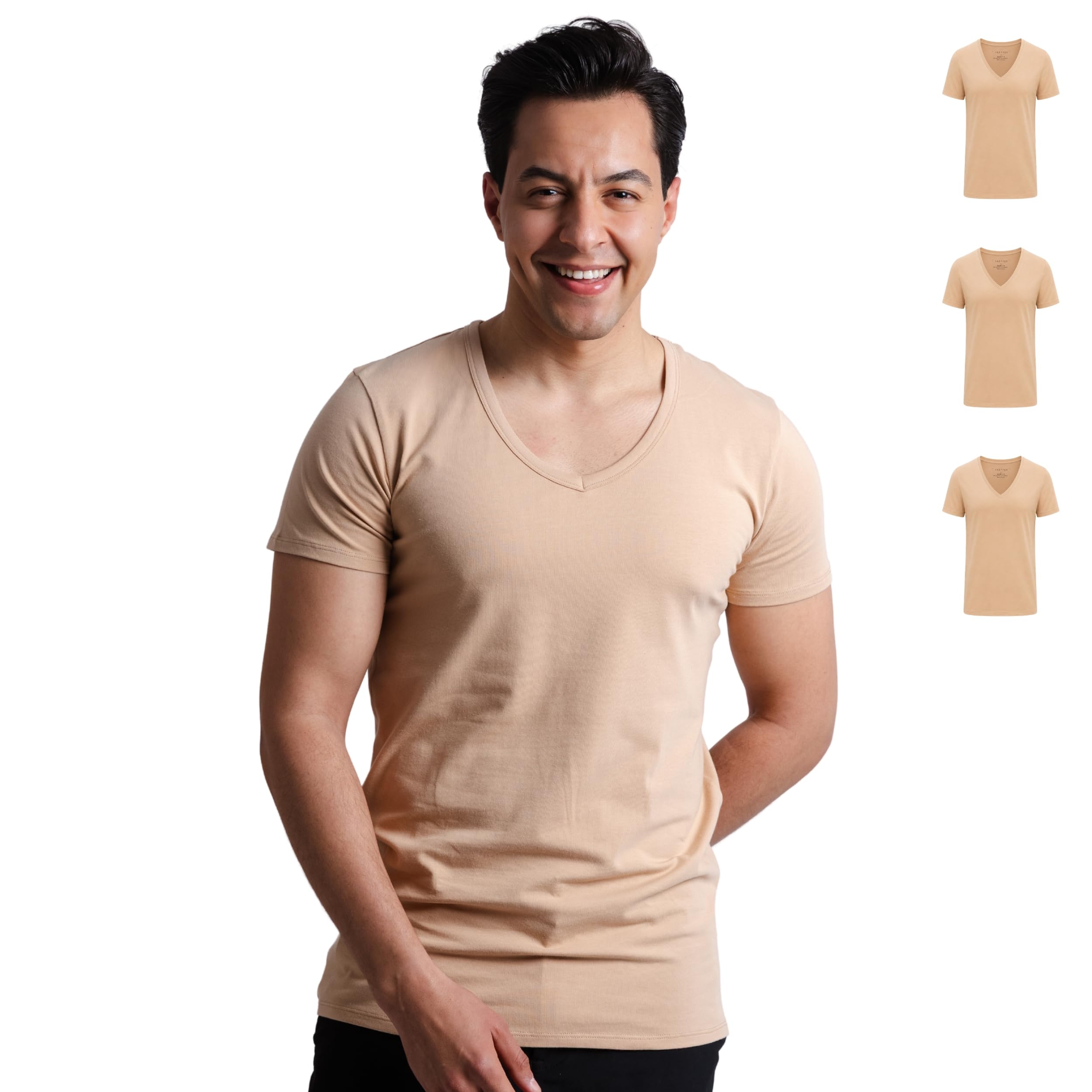 SKIPPER Lot de 3 T-Shirts Homme Col V Profond – Coton Stretch Premium, Coupe Ajustée – Invisible sous Chemise – S–3XL
