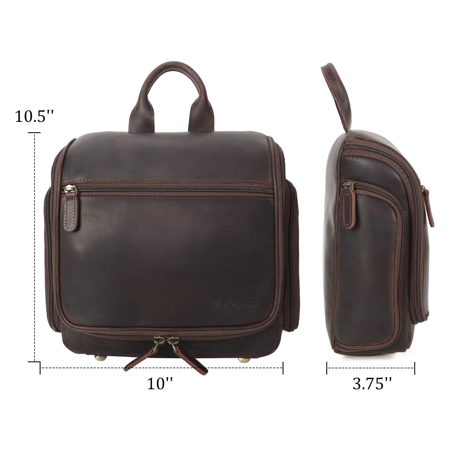 Polare - Neceser de Piel de Grano Completo, Organizador de Viaje para Colgar, Kit de Afeitado, Bolsa de Lavado, Kit de Maquillaje y cosméticos con Cremalleras YKK, Marrón Oscuro, Polare - Neceser de