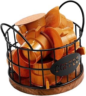 DECHOUS Coffee Pod Organizer Basket with Handles for Desktop Coffee Station | Iron and Wood Construction, Open-Wire Layout, Portable Storage, Fits Fruit or Capsule Use
