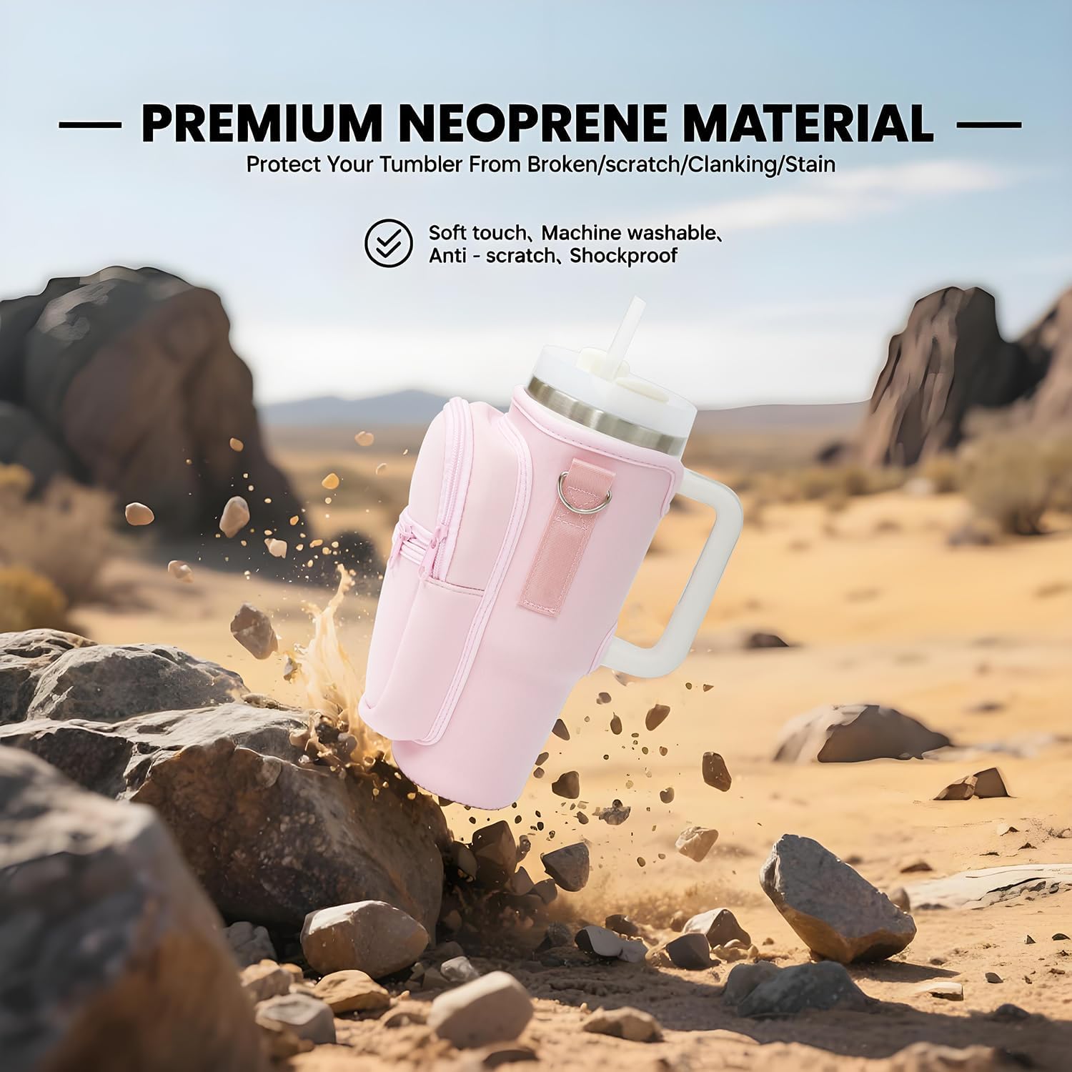 Water Bottle Holder with Strap for Stanley Cup 40 oz Tumbler with Handle, Super Large Capacity Pocket, Water Bottle Carrier Bag with Phone Pocket for Stanley Cup Accessories (Pink) - Image 4