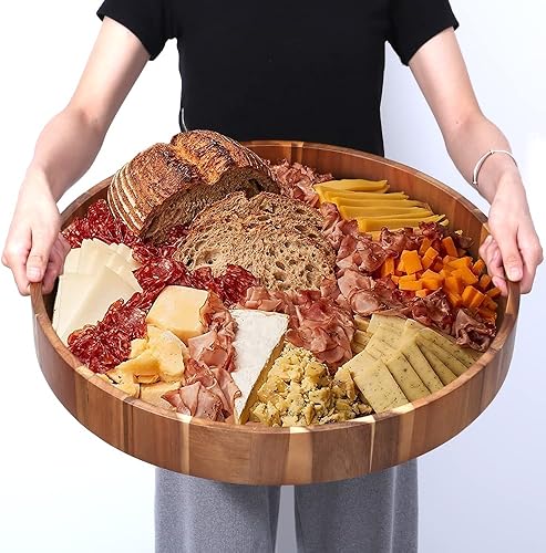 Miniatura 8 de Bandeja redonda de madera con asas, bandejas de madera de gran diámetro de 20 pulgadas para otomana, bandeja circular de madera de acacia rústica