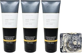 Bath & Body Works Men's Collection Dark Amber & Oud 3 Pack Body Cream Bundle with a Charcoal Scrub Bar Soap - Full Size