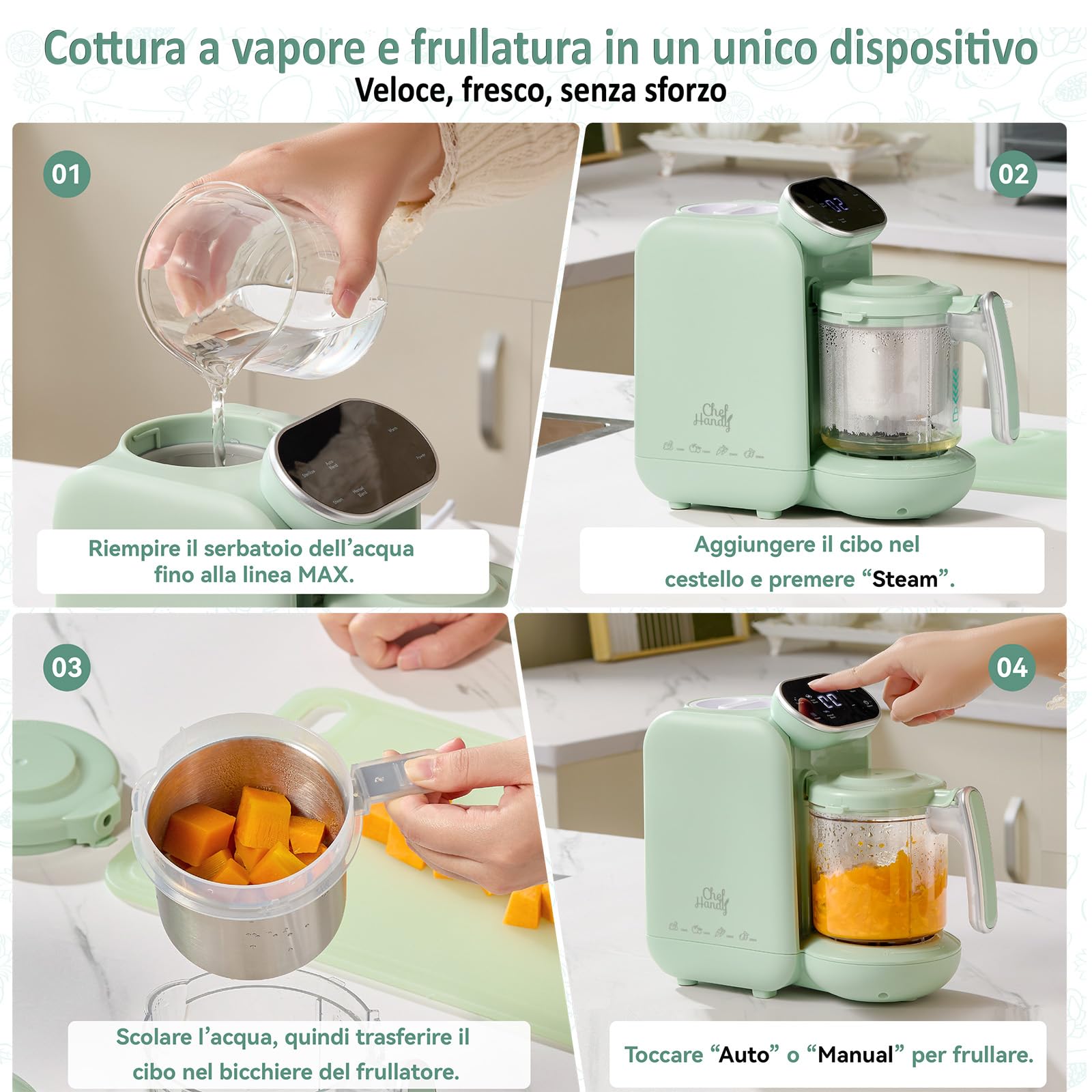 Chefhandy Cuocipappa Multifunzione 5-in-1, Omogeneizzatore e Cuoci Pappa per Neonati