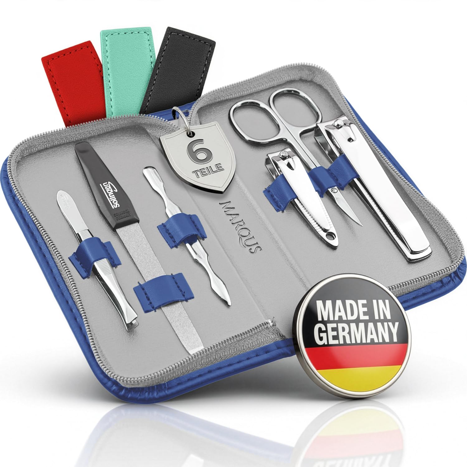 Maniküre Set Solingen mit Top Preis/Leistung - Kunst-Leder Etui handlich und weich - 6teiliges Nagelset für Damen und Herren marQus aus glanzvernickeltem poliertem Stahl