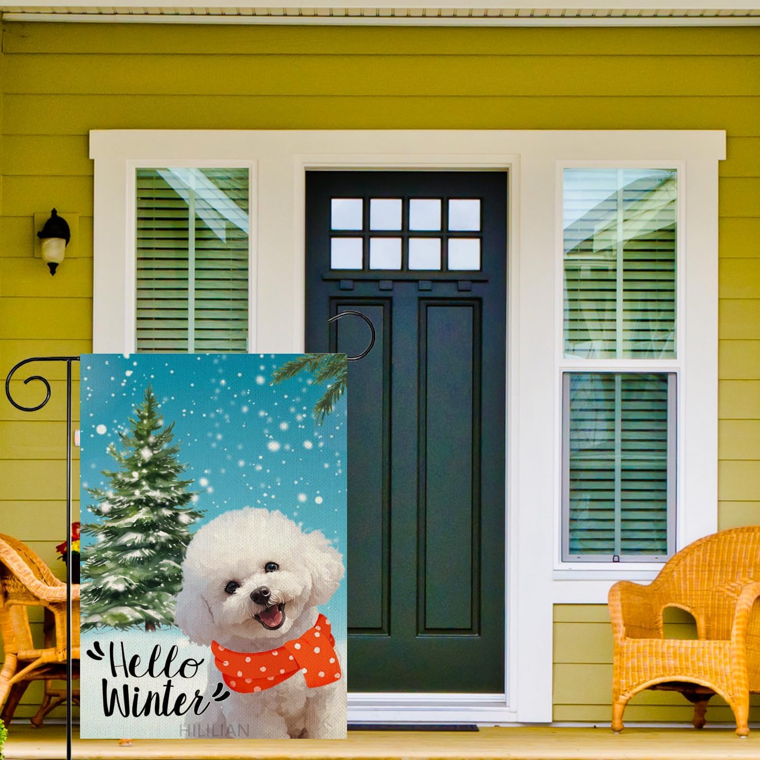 Bichon Frise Garden Flag 12x18 Inch Double Sided, Hello Winter Dog with Scarf Christmas Tree Yard Flags for Winter Christmas Seasonal Outside Outdoor Farmhouse Decoration(7694) - Image 3