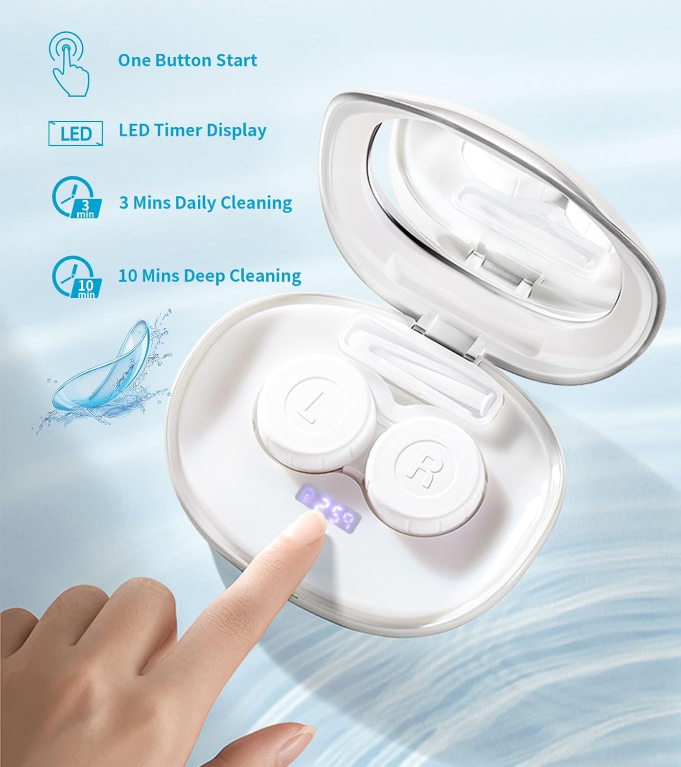 ofone Contact Lens Cleaner, Ultrasonic Contact Lens Cleaning Machine with USB Charger, Timer Display and 5 Contact Solution Cases Kit Replacement for Soft Hard Colored RGP Lenses (White)