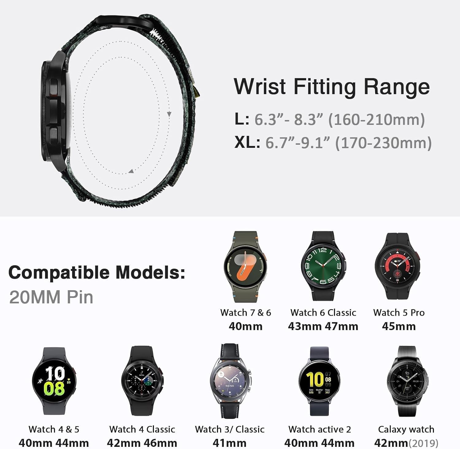 Nereides Band Compatible with Samsung Galaxy Watch 7 6 5 4 40mm 44mm/Watch 6 4 Classic 43/47mm 42/46mm/ Galaxy Watch 5 Pro/Active 2, 20mm Nylon Replacement Sports Strap for Men Women(Green Camo,XL)