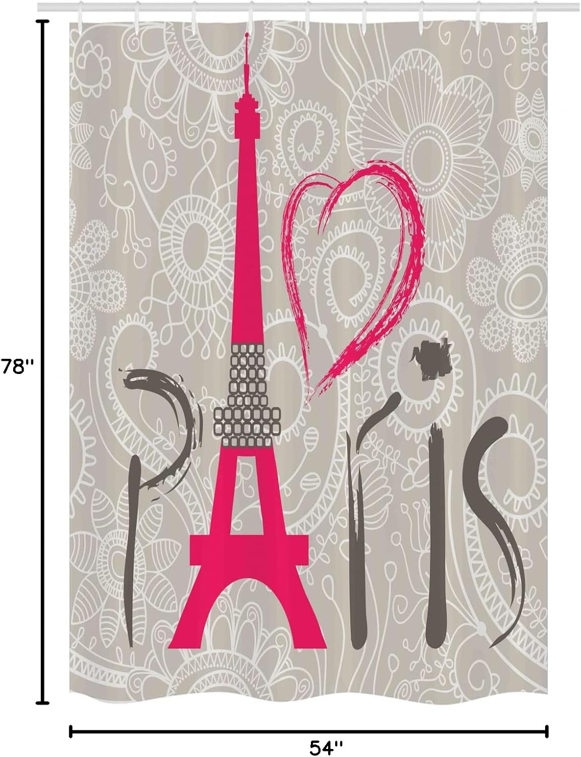Ambesonne Eiffel Tower Stall Shower Curtain, Paris Lettering I Love Paris Lace Pattern Background Heart Shape, Fabric Bathroom Decor Set with Hooks, 54" W x 78" L, Pale Grey Pink and Grey